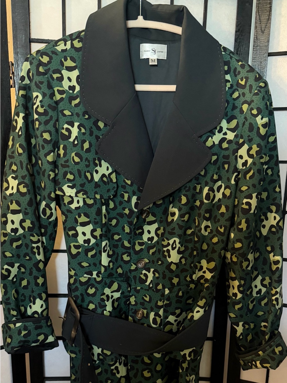 Sassy Jones Green Leopard Print Belted Blazer with Lapel